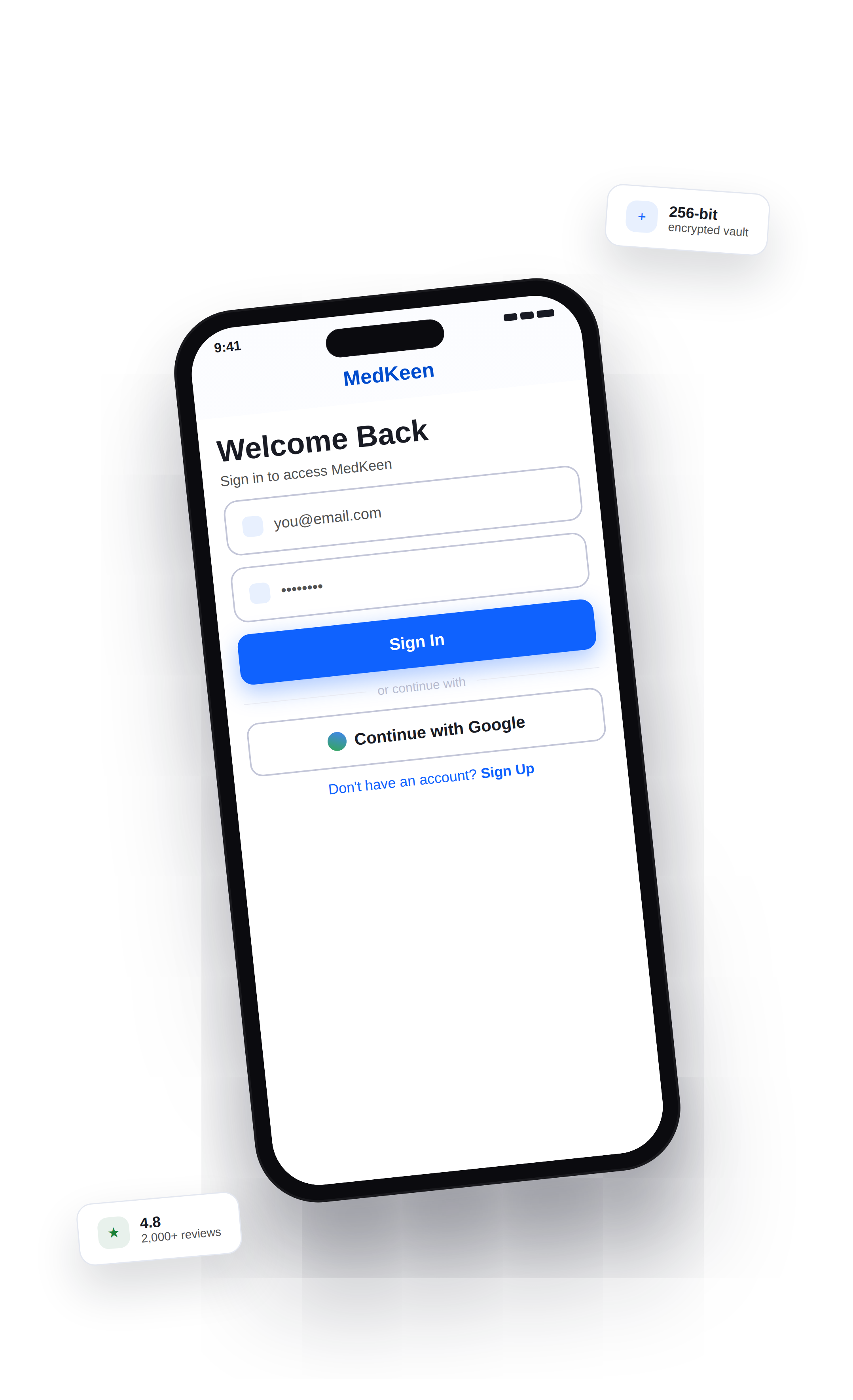 MedKeen login screen shown on a phone: your health, one tap away